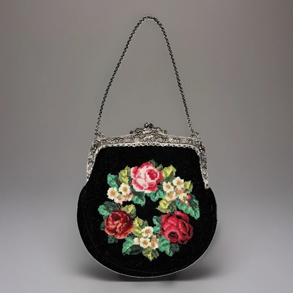 1920s Needlepoint Purse Floral Rose Silver Repousse Frame Micro Petit Point